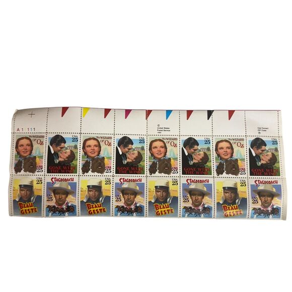 1990 Sheet Of 16 US Stamps Wizard of OZ Gone With The Wind Stagecoach Beau Geste - Picture 2 of 3